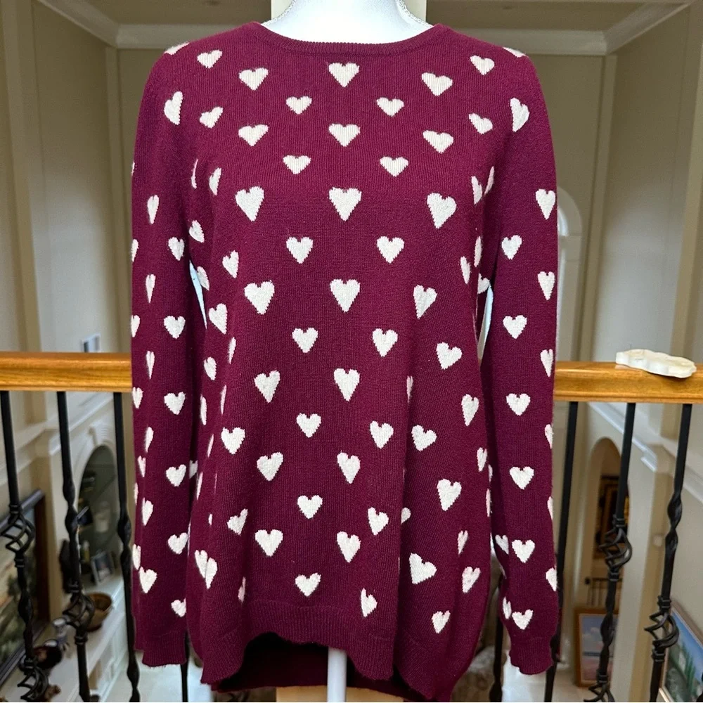 Neiman Marcus, Cashmere sweater, burgundy w/ white hearts, size L - Picture 1 of 9